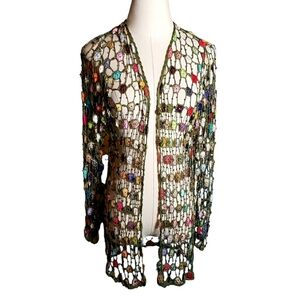 Vintage Open Crochet Cardigan Labradorite  Rheinstone Beads Fairy Boho Artsy OS